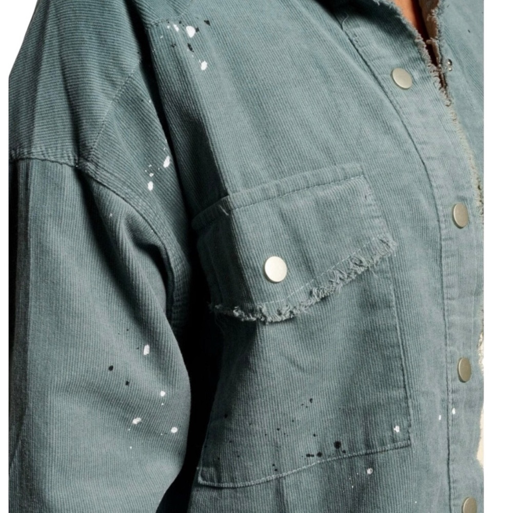 FANTASTIC FAWN teal paint splatter snap front corduroy top S M L - Picture 3 of 5